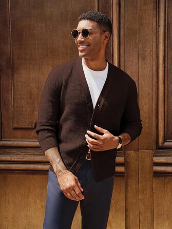 Чоловічий в'язаний кардиган PJ PAUL JONES з вафельною в'язкою, довгі рукави, V-подібний виріз, на ґудзиках, колір кавово-коричневий (XXL)