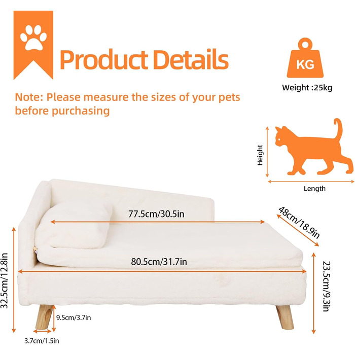 Софа для собак BingoPaw Luxus з підголівником, плюшеві подушки та дерев'яні ніжки. Зручне ліжко для собак середніх та маленьких порід, крісло для котів великих порід, 80x50x39 см, бежевий колір