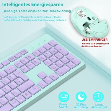 Бездротовий комплект клавіатури та миші Leadsail K786 з цифровою клавіатурою QWERTZ (німецька) - тиха клавіатура, 2.4 GHz, USB Nano приймач для ПК/ноутбука (багатобарвний)