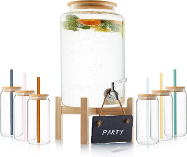 Singer | Punch Bowl Set with Glass Straws and Glasses, Punch Bowl Bowl with Wooden Lid, Drink Dispenser with Tap incl. 6 Glasses, Drink Dispenser for Mulled Wine and Punch, 7.8 Liter Glass Container