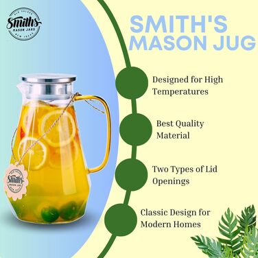 Скляний графин Smiths Mason Jars 1.8 л з інфузором і двосторонньою кришкою — універсальний графин для води, чаю та напоїв, стильний дизайн, підходить для гарячих і холодних напоїв