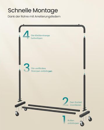 SONGMICS Кільцева вішалка для одягу на коліщатках, чорна, 38 x 110 x 141,5 см, до 50 кг, HSR016BH01