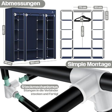 KESSER® Wardrobe Clothes Closet Stable with Clothes Rail & Shelves, Incl. 5x Clothes Hangers, Fabric Folding Closet for Bedroom, Dressing Room Wardrobe with Clothes Rack 150x45x175cm (Navy Blue)