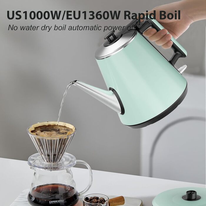 Електричний чайник 0.9л з нержавіючої сталі 304, 1360W, швидке кип'ятіння за 4-6 хвилин, класичний компактний дизайн, сенсорна кнопка, автоматичне відключення та захист від перегріву, для дому, офісу, для кави, зелений