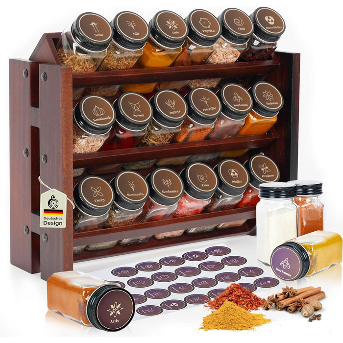 Elegant dark spice rack, wood, standing & wall mounted. 18 SPICE JARS, 25 LABELS. Spice organizer, spice rack, kitchen shelf, wood, vintage. Spice rack - spice rack system hanging - spice storage