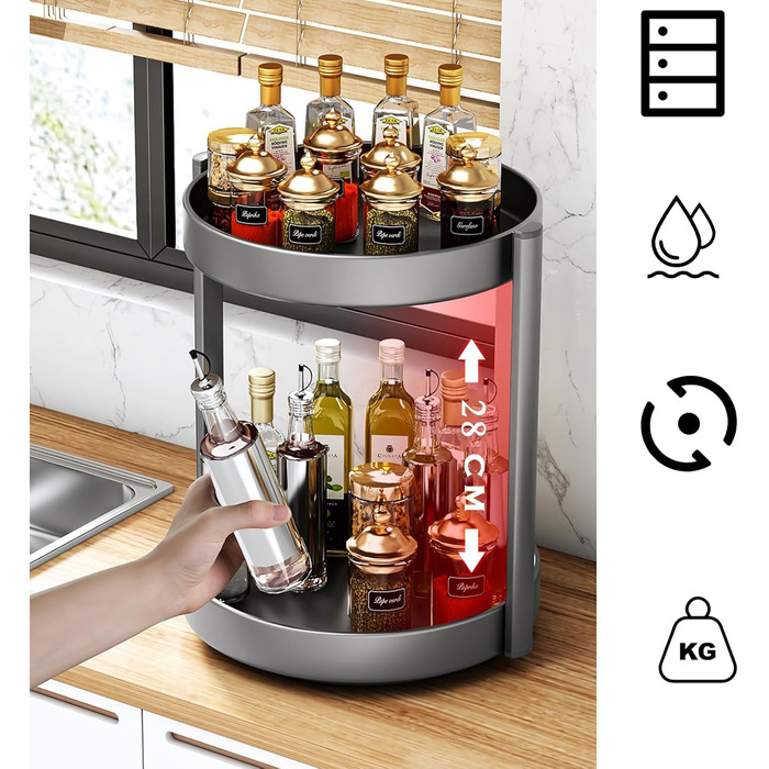 Організатор для спецій Drehteller, 2 яруси, металевий, поворотний, для шафи, кухні, косметики, ванної кімнати (чорний)