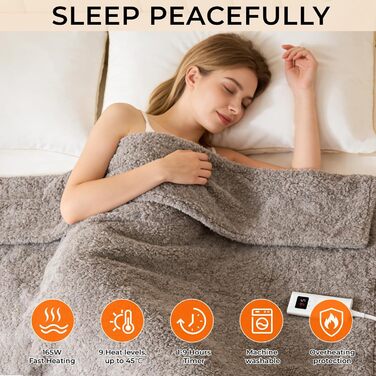 Електрична ковдра TLGREEN з автовимкненням, імітація овечої шкури, двостороння, надзвичайно м'яка, 130x180 см, 9 режимів нагріву, таймер, ковдра для дивану, софи, офісу, дому, 130x180, сіро-коричнева