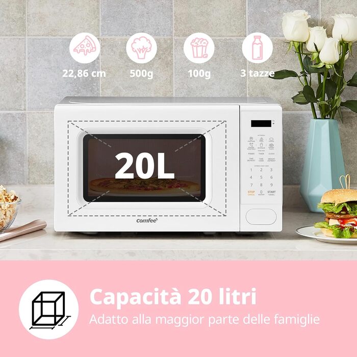 Мікрохвильова піч COMFEE' Digitale, 20 л, 700 Вт, білий колір, 11 рівнів потужності, 6 попередньо встановлених меню, функція розморожування, Express Cook, пам'ять