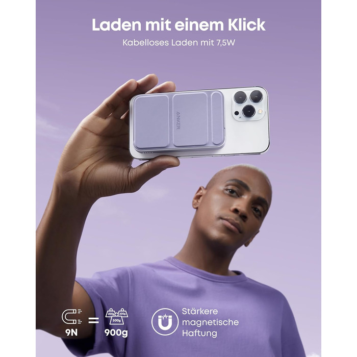 Anker MagGo Powerbank 5000mAh з магнітним з'єднанням, USB-C, для iPhone 17/16/15/14/13/12 (лавандовий)