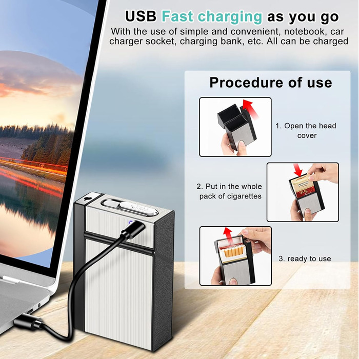 Алюмінієве екіпен для сигарет з запальничкою: водонепроникний кейс для 20 сигарет, USB зарядка (без газу), білий