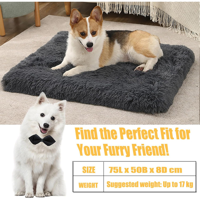 Килимок для собак середніх порід, м'який, з довгим плюшем, 75 x 50 x 8 см, темно-сірий
