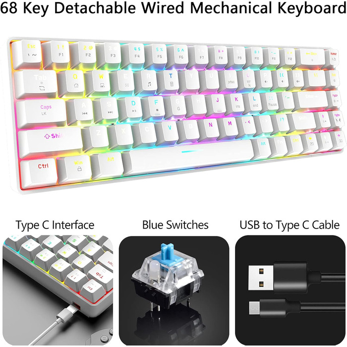 Ігровий набір клавіатури та миші RGB, 68 клавіш, червоний перемикач, 60% механічна клавіатура, миша 6400DPI, програмована, USB, сумісна з Windows/Mac/PS4, білий
