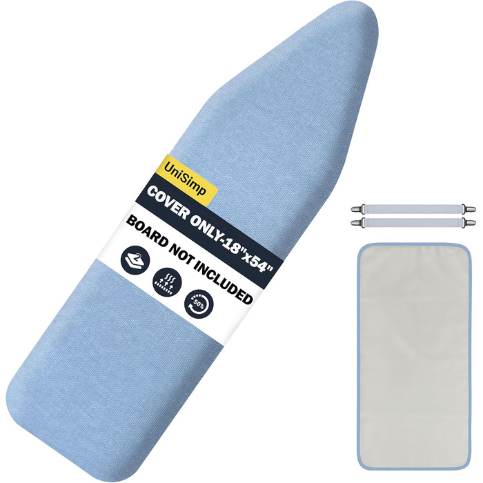 Чохол та підкладка для прасувальної дошки до 137 x 45 см, 100% термостійка бавовна, екстра товста підкладка, кишенька для рукава, Smart Fit, без хімікатів, можна прати в машині (геометричний візерунок (Solid Blue, 18X54'))