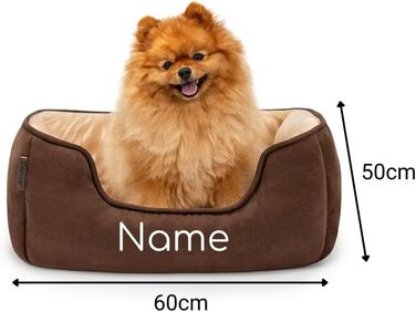 Ліжко для собак Lionto 2-в-1 з комфортним входом, м'яке домашнє ліжко для тварин, підходить для собак та котів, 80x60 см, подушка для собак з легкою у догляді оксамитовою обробкою, сірий колір (Д 60 x Ш 50 x В 22 см (з іменним нанесенням), Коричневий/Беже