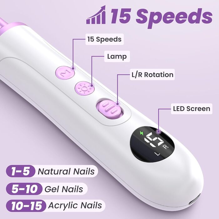 Електричний набір для манікюру та педикюру з 9 насадками та 15 швидкостями, LED-підсвічуванням, W-Lila