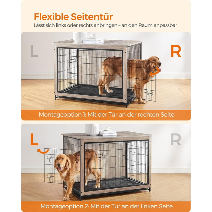 Клітка для собак Feandrea з приставним столиком, переноска, сучасна будка для собак до 36 кг, міцна, для дому, знімний піддон, 2 двері, PFC004X01 (112 x 75 x 82 см, Greige)