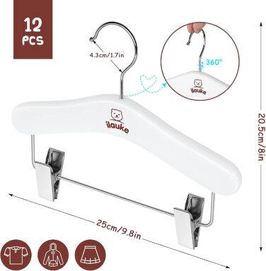 Дерев'яні вішалки для одягу з затискачами для малюків, 12 шт., класичні та міцні, білі, 25 см, для дітей 25 x 20.5 см