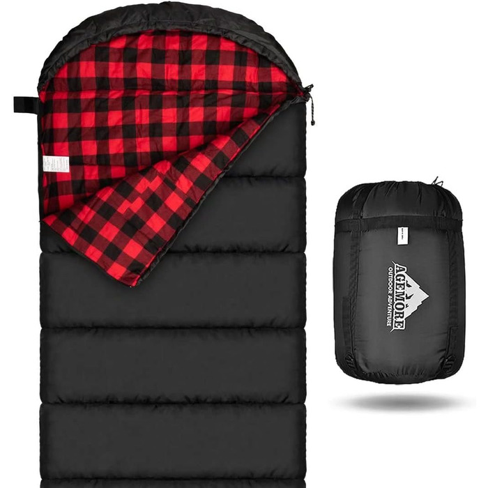 Cotton Flannel Sleeping Bag for Adults - 100% Cotton Liner Sleeping Bag for Camping, Hiking, Backpacking - Lightweight & Portable - 3-4 Season Warm Weather - Black/Red