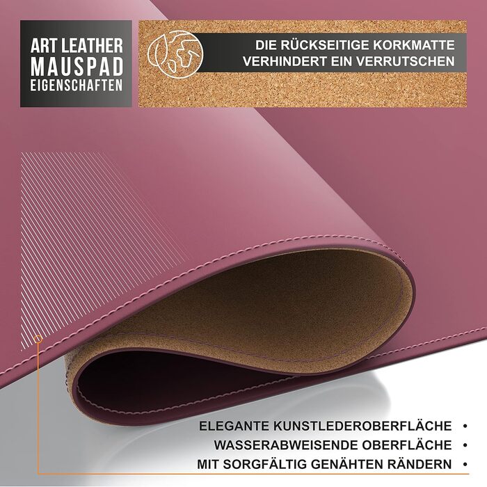 CSL Килимок для миші XXL на стіл з екошкіри та корка 800x400 мм - Чорний (C: Рожевий) - Для офісу та дому