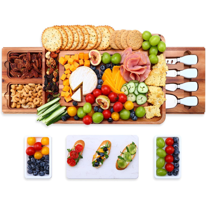 hecef Cheese Board Set, Acacia Wood, Square Cheese Board with 2 Pull-Out Drawers & Cutlery Set & Snack Plates & Marble Cheese Slate
