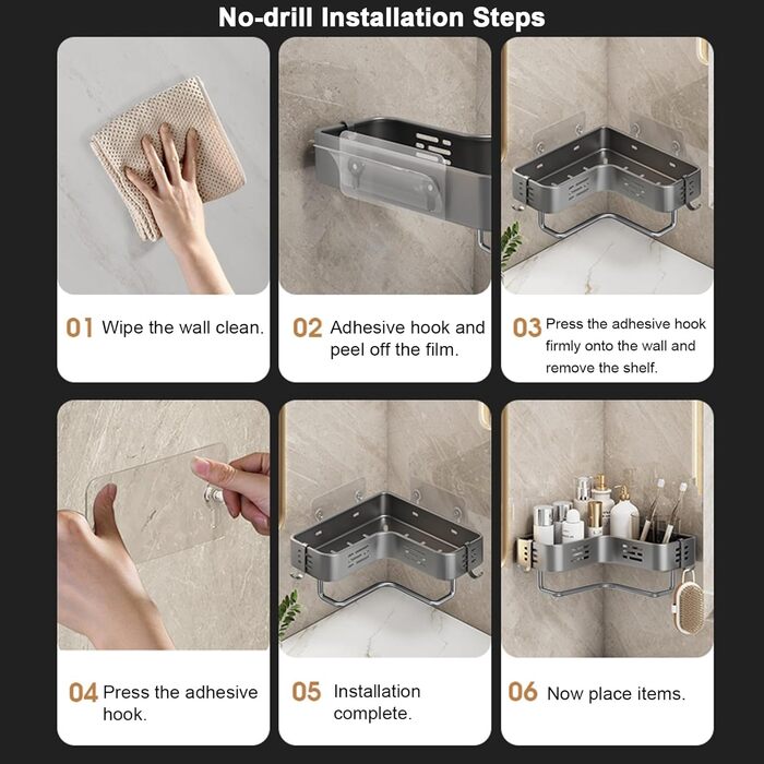 Поличка для душу без свердління, кутова, для ванної кімнати, органайзер, шафка для душу, тримач для шампуню, 2 гачки, темно-сірий