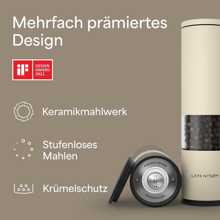 Набір мельниць для солі та перцю LARS NYSØM з регульованим керамічним жорном | Мельниці з нержавіючої сталі | Дизайн, 2 шт. (Коричневий/Бежевий)