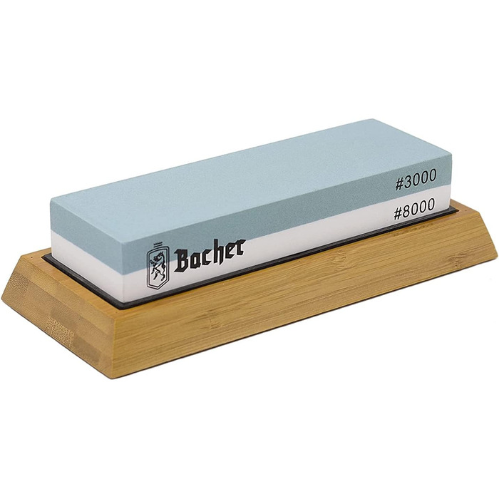 Преміум точильний камінь Bacher. Двосторонній, зернистість 400/1000. Точильний камінь для ножів з антиковзним бамбуковим блоком, для заточування ножів, з інструкцією. Зернистість 400/1000 (3000/8000)
