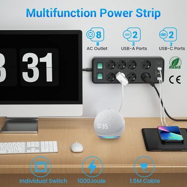 Мережевий фільтр 8 розеток з USB C, USB A, захистом від перенапруги, адаптер розеток, з двома вимикачами, кабель 1.5м, чорний