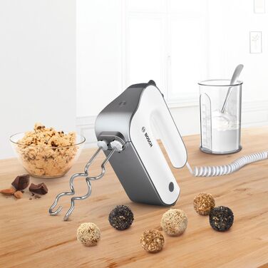 Bosch Hand Mixer Styline MFQ49300, 5 speeds, 2 stainless steel beaters and dough hooks, spiral cable, 850 W, white/dark silver Single