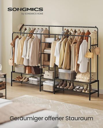 SONGMICS Стійка для одягу, відкрита шафа, вішалка для одягу з 7 полицями, металевий каркас, перекладина для одягу, для спальні, вітальні, передпокою, HSR182B01 (Чорний, 195 см)