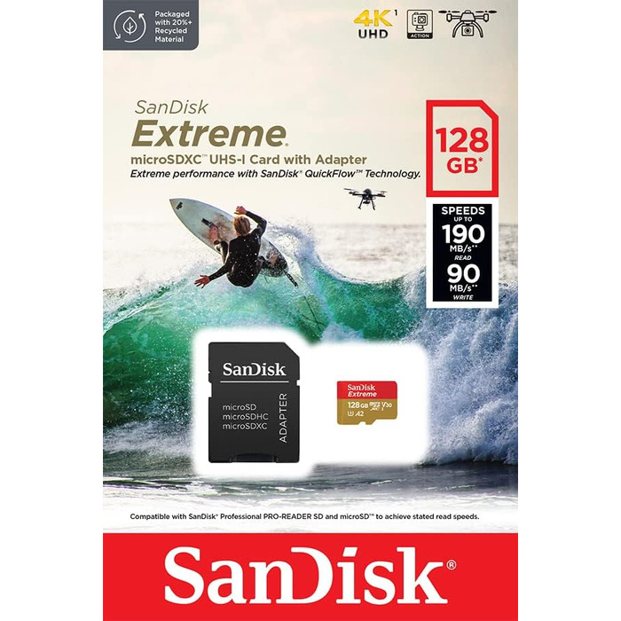 Карта пам'яті SanDisk 128GB Extreme microSDXC UHS-I з адаптером, швидкість читання до 190 МБ/с