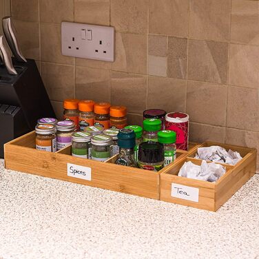 Bamboo Drawer Organizers, 5-Piece Set, with Various Compartments and Removable Dividers, Set of 5 Sturdy Wooden Storage Boxes with Extra Foot Pads for Home and Office