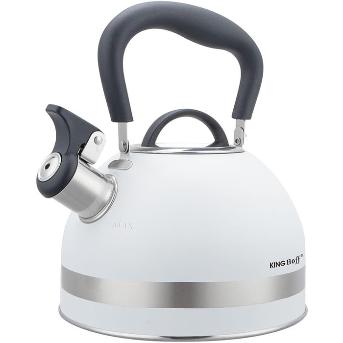 Чайник Kinghoff 1.8L з нержавіючої сталі з свистком, для індукційних плит, компактний, з нержавіючої сталі, матовий білий