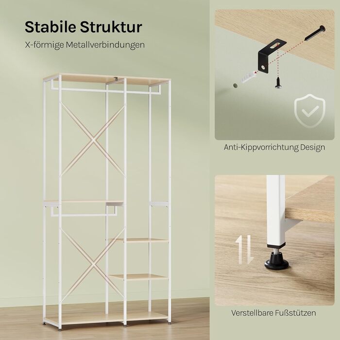 Вільна вішалка для одягу WOLTU з полицею, для спальні/коридору, стабільна, з дерева та металу, білий + світлий дуб