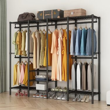 KZOBYD Clothes Rack, Coat Rack with 6 Height-Adjustable Shelves, Clothes Rail with 4 Hanging Compartments, Plenty of Space, for Bedroom, Living Room (Black)
