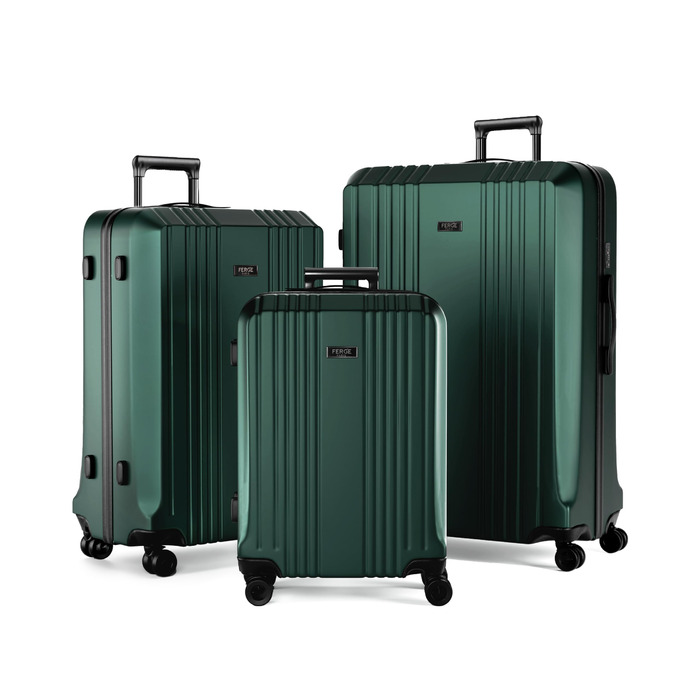 Набір валіз FERGÉ 3 шт. з жорстким корпусом, TSA-замком, Канни. Валіза-тролей, набір (Ручна поклажа, L, XL). 3 шт. валізи з жорсткого корпусу, роликові валізи, 4 м'яких роликів - дуже міцний валіза з полікарбонату. Колір: смарагдовий