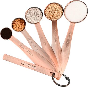 Copper-Plated Measuring Cup and Spoon Set, 5 Stainless Steel Measuring Cups and 5 Metal Measuring Spoon Set with Leveler, US and Metric Kitchen Measuring Cup and Spoon Set for Baking and Cooking