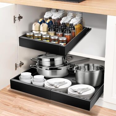Telescopic Drawer, Adjustable Width 32-52cm, High-Quality Carbon Steel Drawer Organizer Kitchen, Pull Out Cabinet Drawer Organizer, Kitchen Cabinet Drawer Organizer Pull Out (Black)