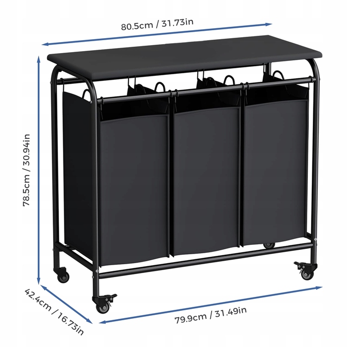Великий кошик для прання на 3 секції з колесами, 135 л