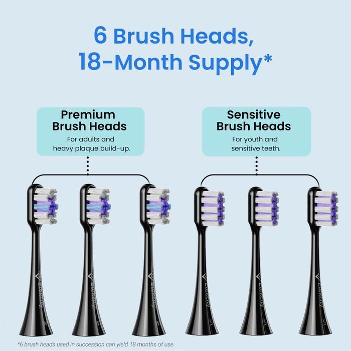 Електрична звукова зубна щітка Etekcity з 5 режимами, 6 насадок, таймер 2 хв, для дорослих та дітей, чорна (Basic)