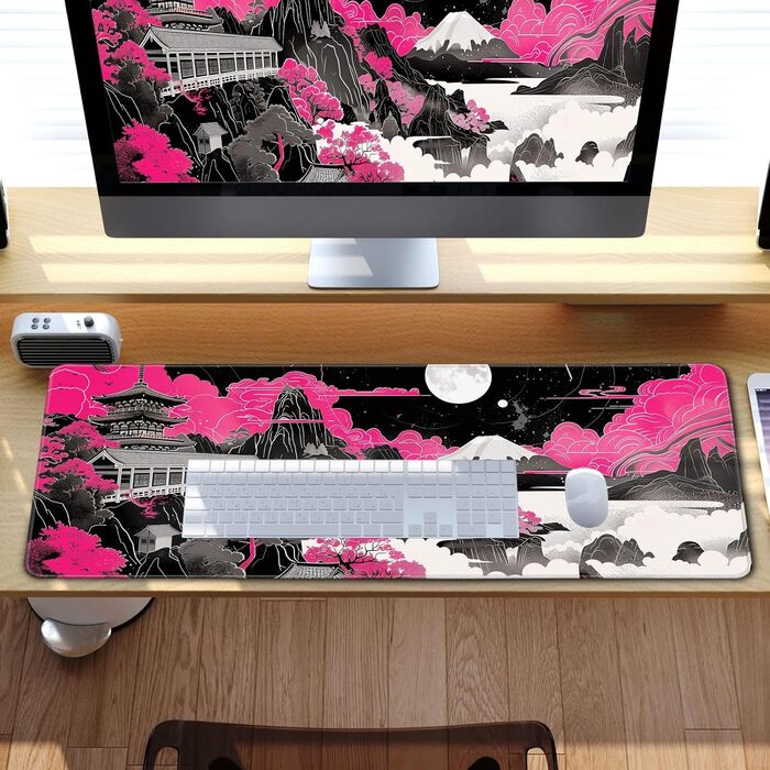 MiaVibte Килимок для столу Японський, Riverside Повний Місяць, ігровий килимок для миші, XL килимок для клавіатури, 80 x 30 см, декор для столу (Мотів 32)