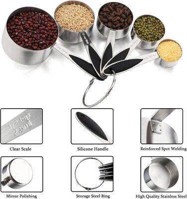 Measuring cup and spoon set includes 5 stainless steel measuring cups, 7 magnetic measuring spoons, and 1 leveler for dry or liquid ingredients (black)