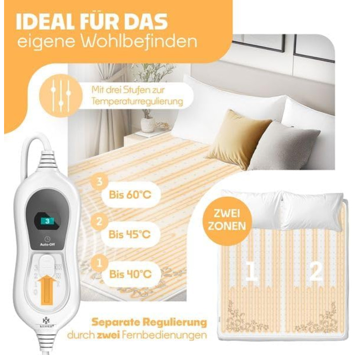 Електрична ковдра KESSER® з автовимкненням та пультом керування | Ковдра з 3 рівнями нагріву | Підігрівач для ліжка, матрацу | Тепла ковдра з м'якого флісу, білий колір - без візерунка (160 x 140 см)