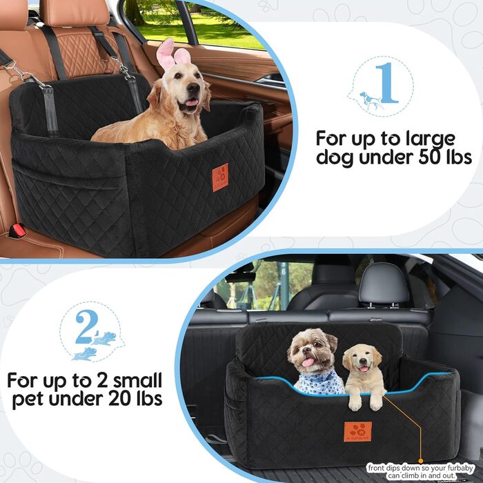 GL GLENSLAVE Dog Car Seat - Large & Medium Dogs, Up to 22kg/2 Small Dogs - Removable & Washable Pet Car Seat (Black)