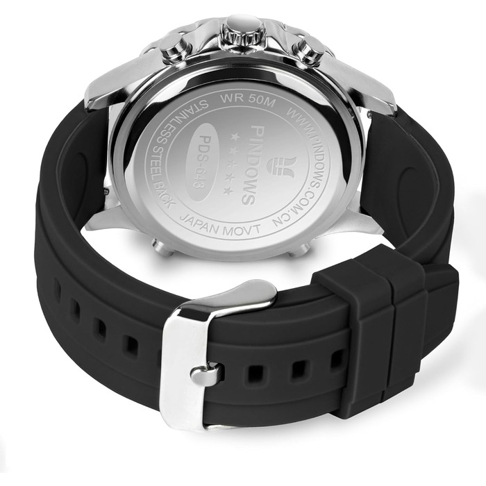 Годинник PINDOWS для чоловіків: водонепроникні спортивні годинники (аналогові/цифрові), багатофункціональні, міцні, з LED-підсвічуванням, будильником, секундоміром (чорний/сріблястий)