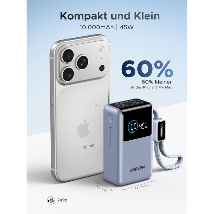 Power Bank UGREEN 10000mAh 55W з кабелем, PD 45W, Mi Turbo Charge для Xiaomi, сумісний з iPhone 15/16/17, блакитний