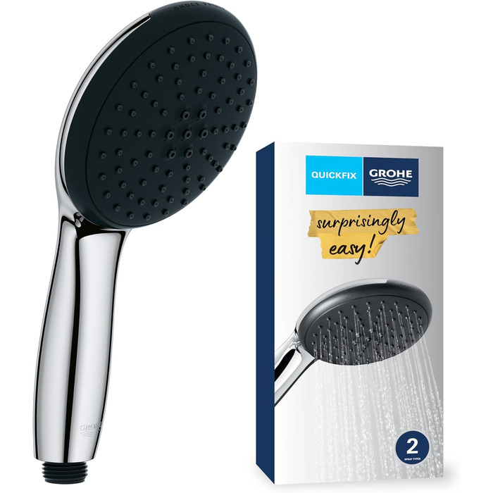 GROHE Vitalio 110 - 14l per minute (2 spray patterns, standard connection, silicone ring protects against falls, with 150cm shower hose), round, chrome, 26972001 (hand shower)