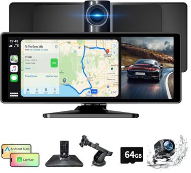 10.26-дюймовий бездротовий дисплей CarPlay/Android Auto для авто з 4K відеореєстратором, 1080P камерою заднього виду, GPS, Bluetooth, FM, 64 ГБ, підтримка Siri/Google Assistant, Mirror Link