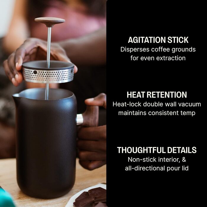 Fellow Clara Insulated French Press – Portable Stainless Steel Coffee Press, Insulated Hand Press, Matte Black with Walnut, 680g Carafe