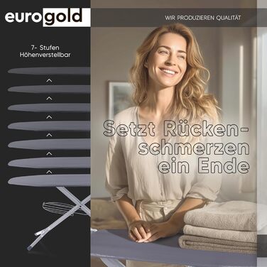 Прасувальна дошка EUROGOLD для парогенератора 130x48 см з розеткою, регульована по висоті, складана, з підкладкою для рукавів та підставкою для праски, бавовняний чохол Oeko-Tex (Сірий)